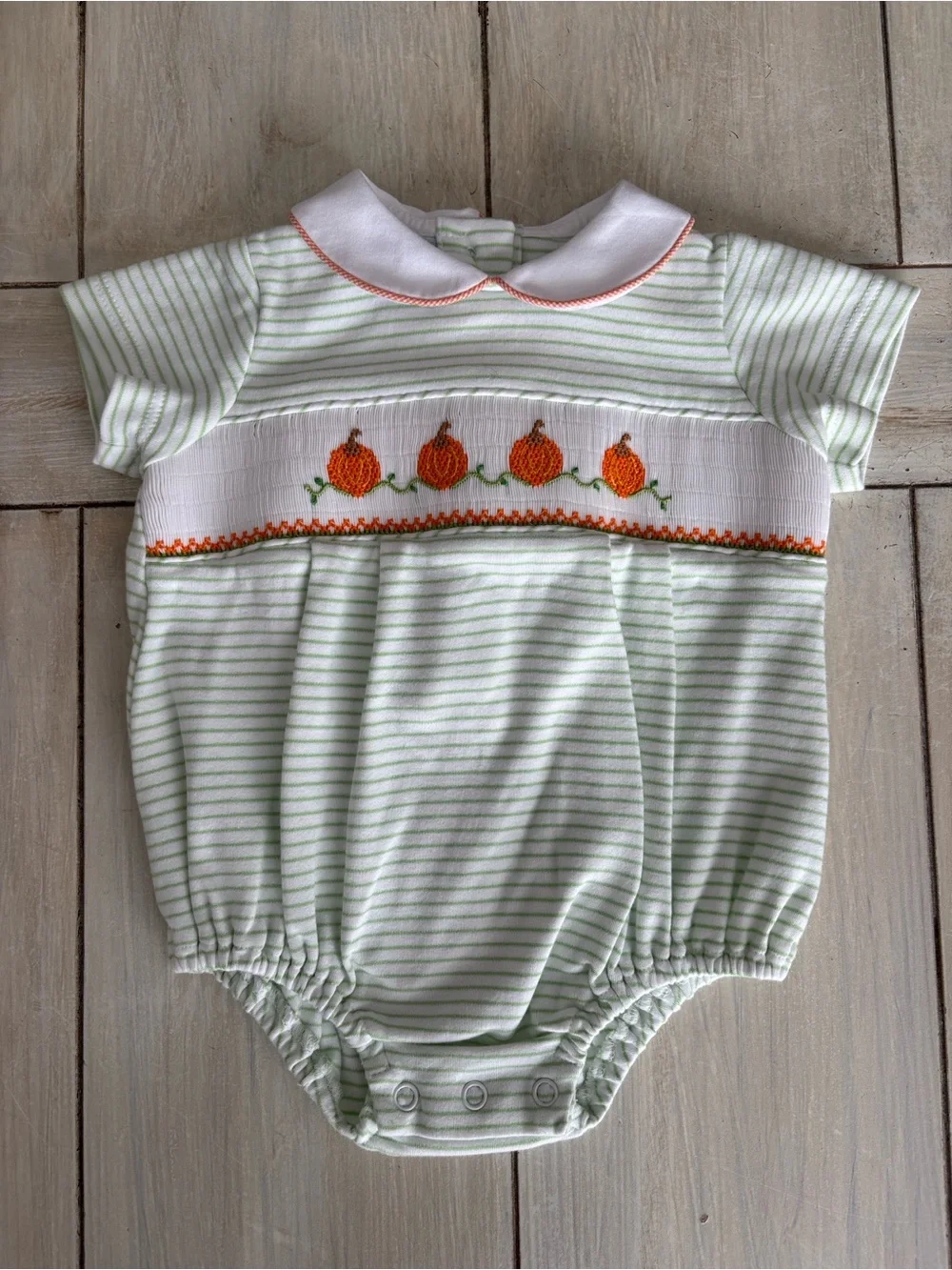 Petit Bebe Green White Stripe Smocked Pumpkins One Piece Romper